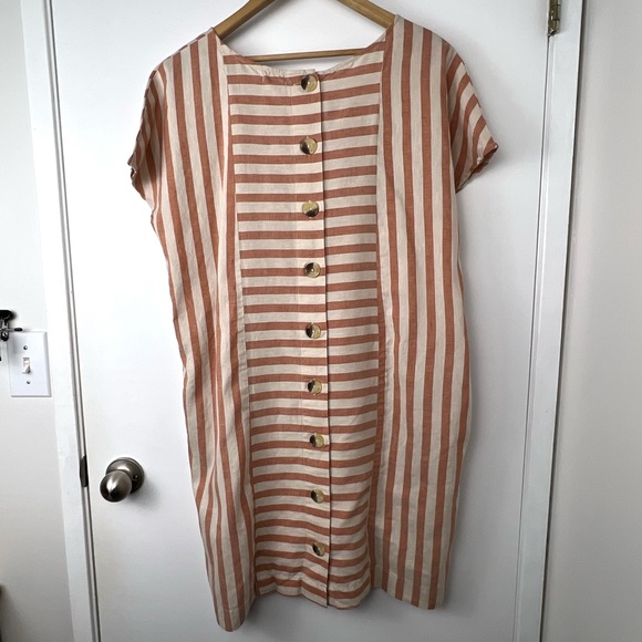 United Colors of Benetton Striped Linen Blend Shift Dress L Red&Natural Coastal - Picture 3 of 12